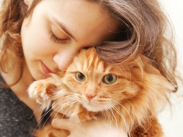 portrait of beautiful young woman 20 years with a fluffy red cat